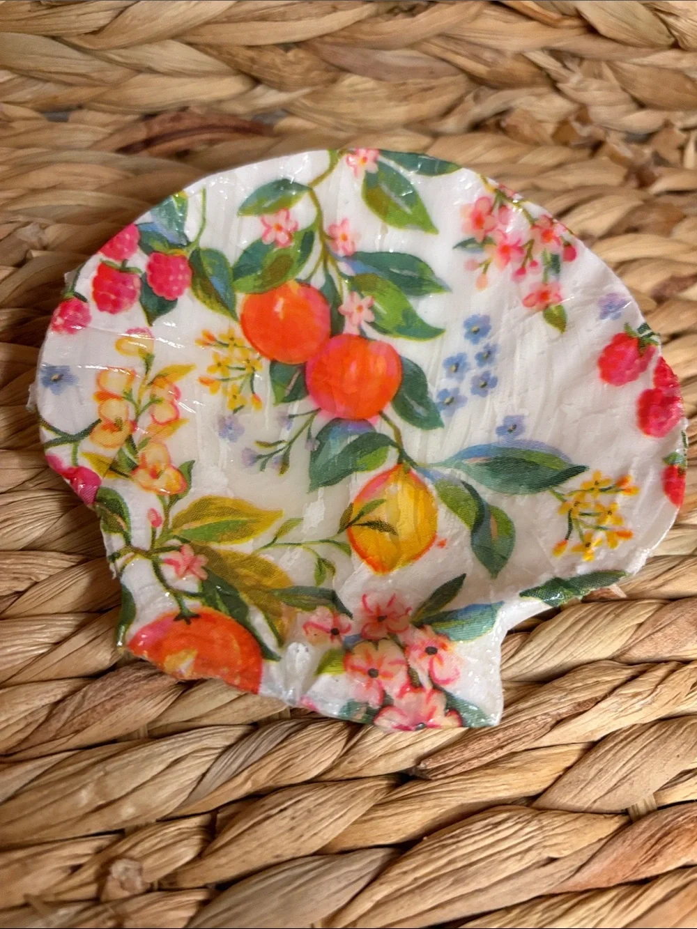 Hand Crafted Floral Citrus Shell Dish - White, Orange, Yellow, Pink, Green